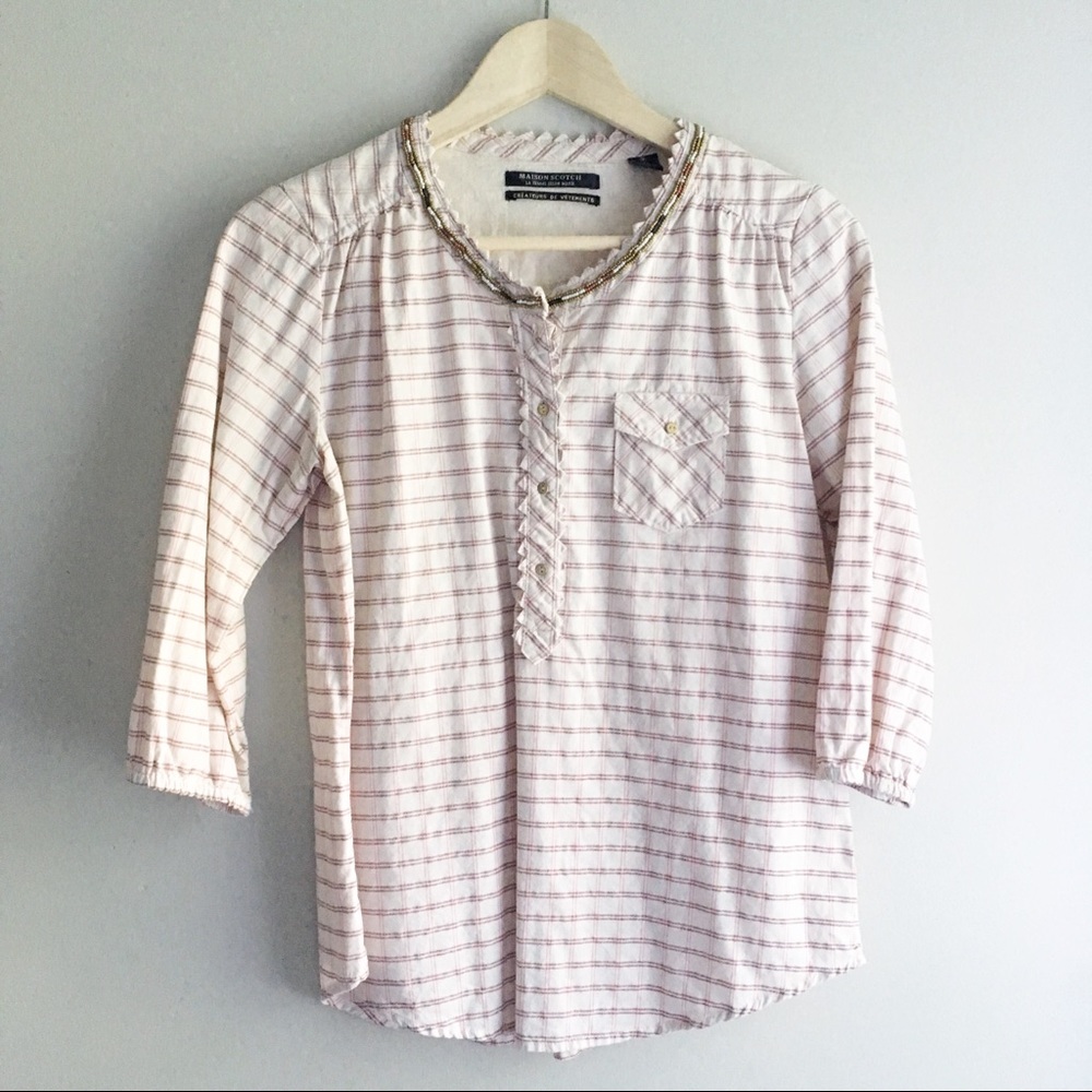 $10 SALE Maison Scotch Plaid Henley Beaded